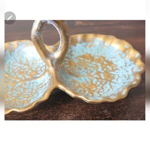 Vintage STANGL Pottery Gold Turquoise Double Leaf Trinket Dish